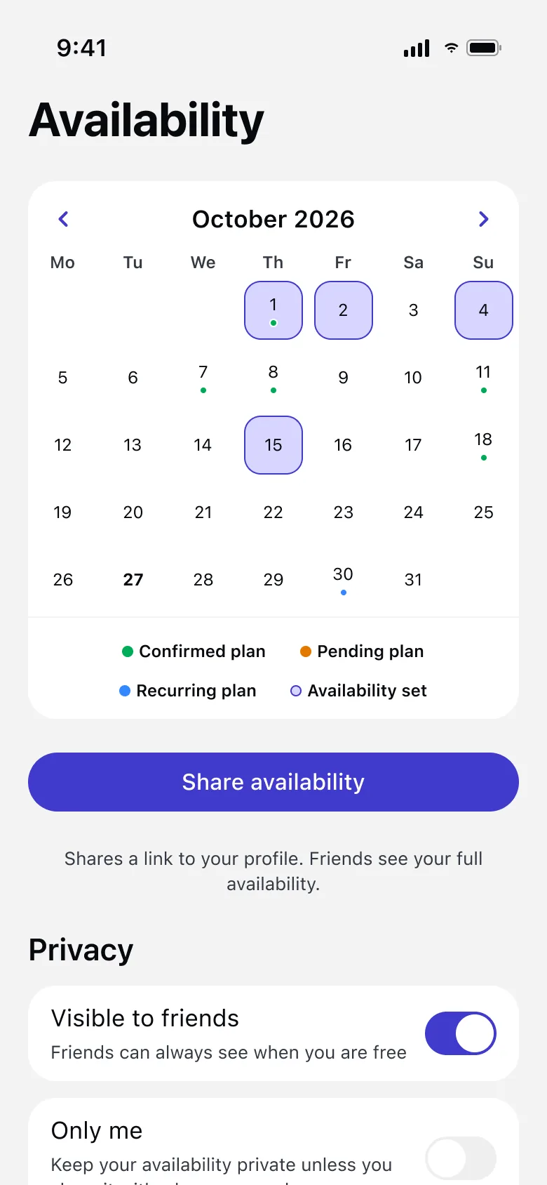 WhenUp Availability calendar