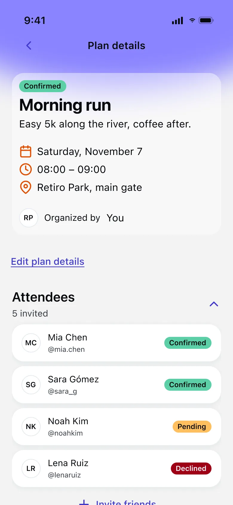 WhenUp plan details: Morning run, confirmed, with the attendees