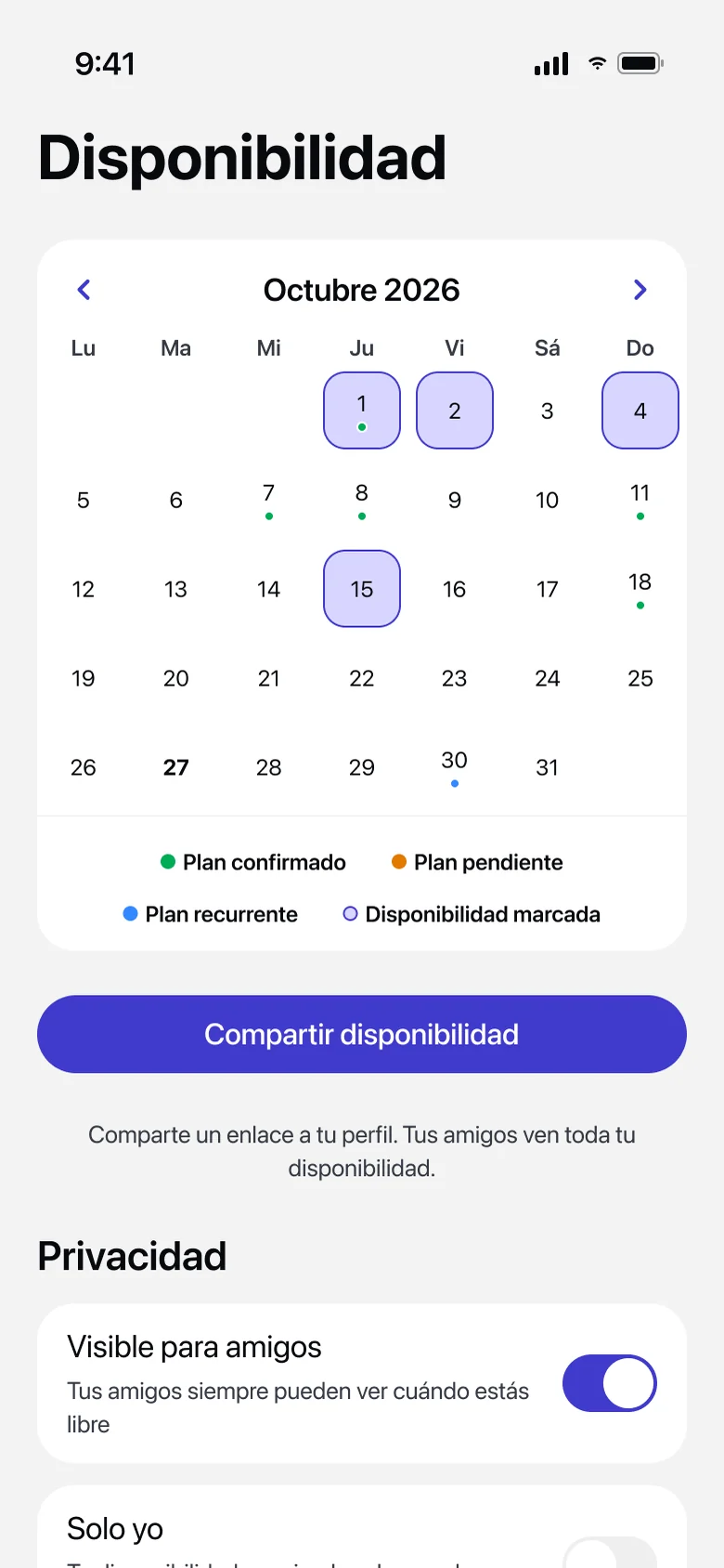 Calendario de disponibilidad de WhenUp
