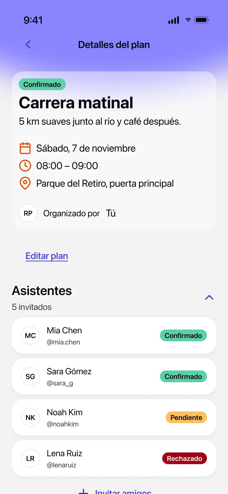 Detalles de un plan en WhenUp: Carrera matinal, confirmado, con los asistentes