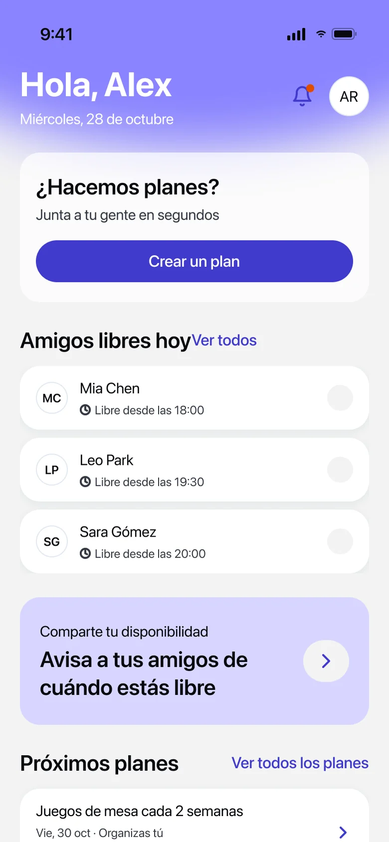 Inicio de WhenUp: amigos libres hoy y próximos planes