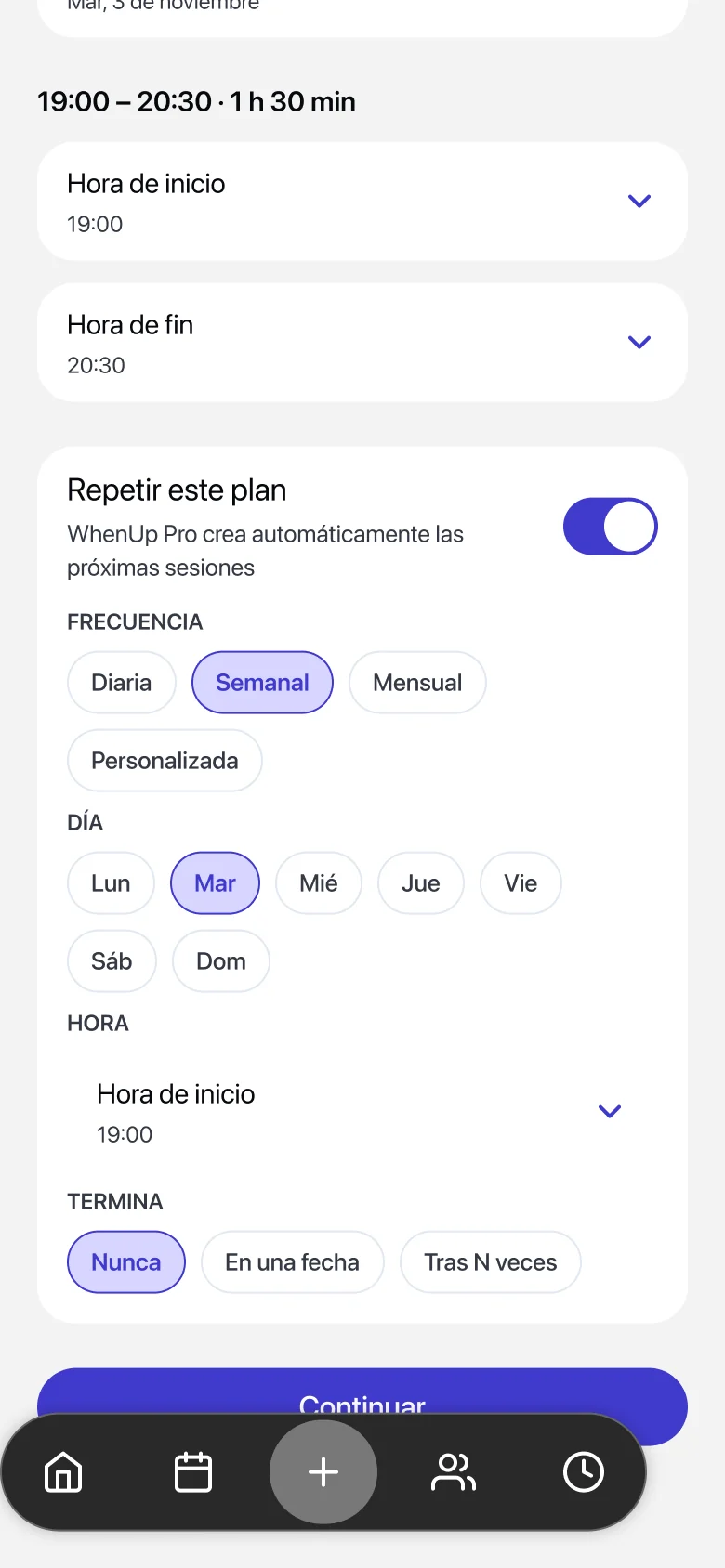 Ajustes para repetir el plan