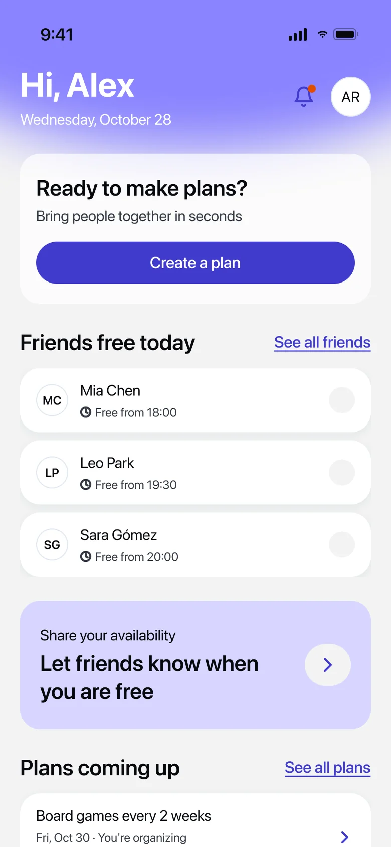 WhenUp Home: friends free today and plans coming up