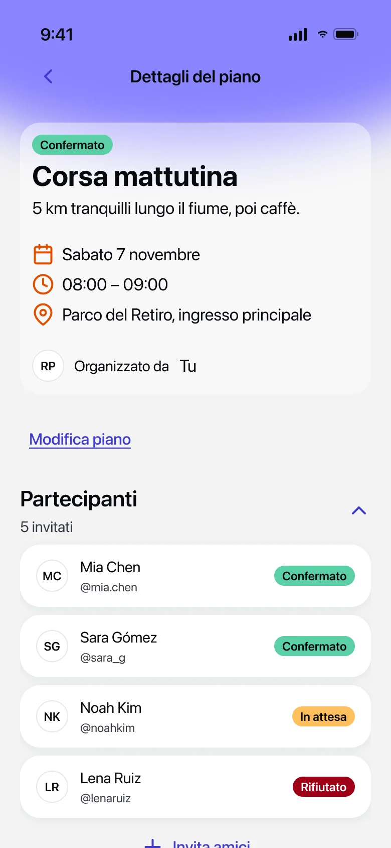 Dettagli di un piano su WhenUp: Corsa mattutina, confermato, con i partecipanti