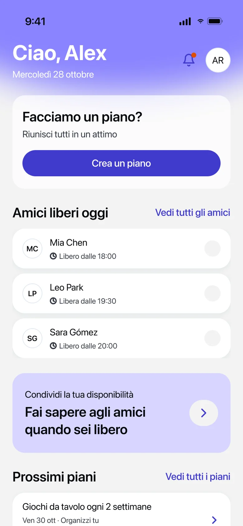 Home di WhenUp: amici liberi oggi e prossimi piani